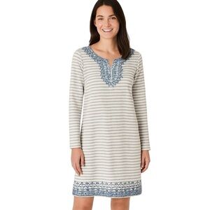 Cabana Life Blue Stripe UPF 50+ Embroidered Long Sleeve Shift Dress Large